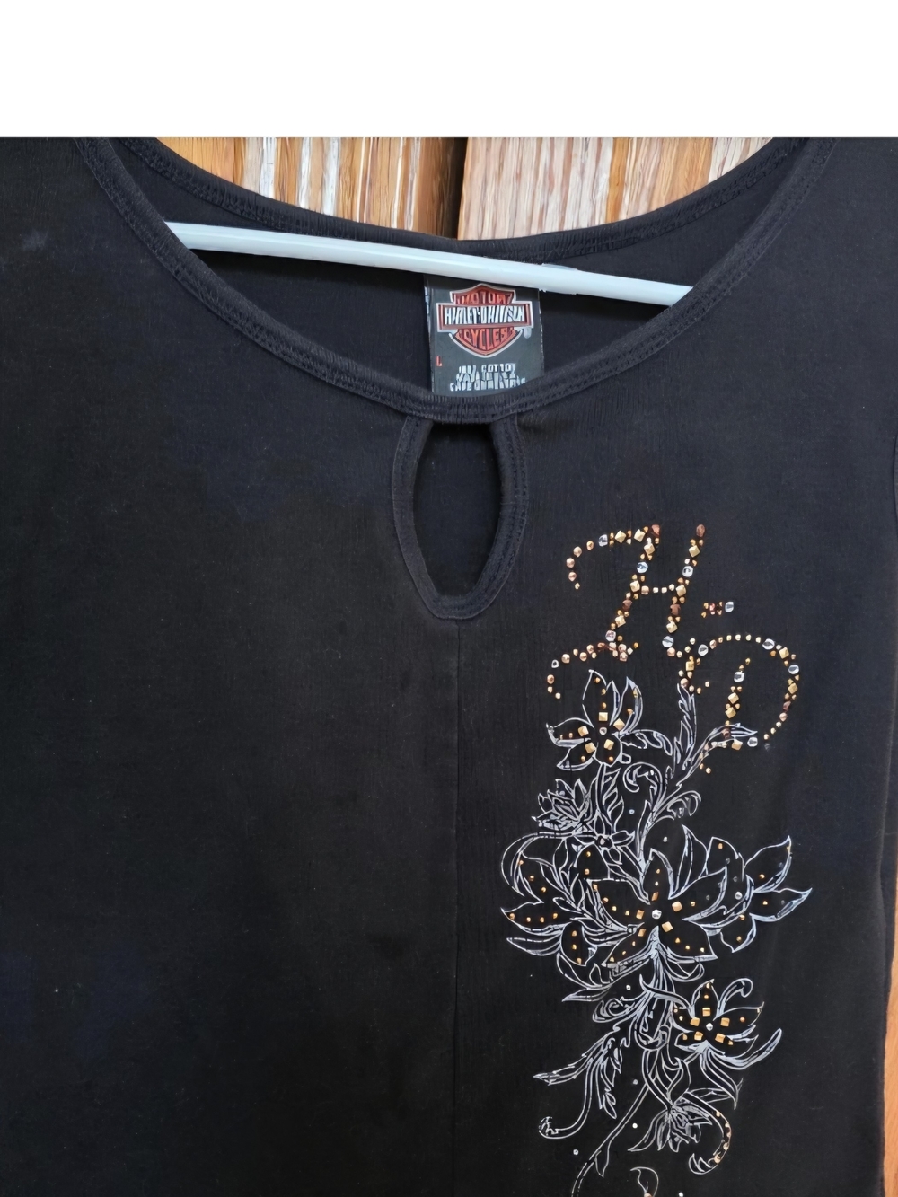 Harley-Davidson Black Short Sleeve Top with Gold Rhinestone Floral Accent